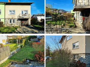 Semi-detached house with a garage and a garden shed